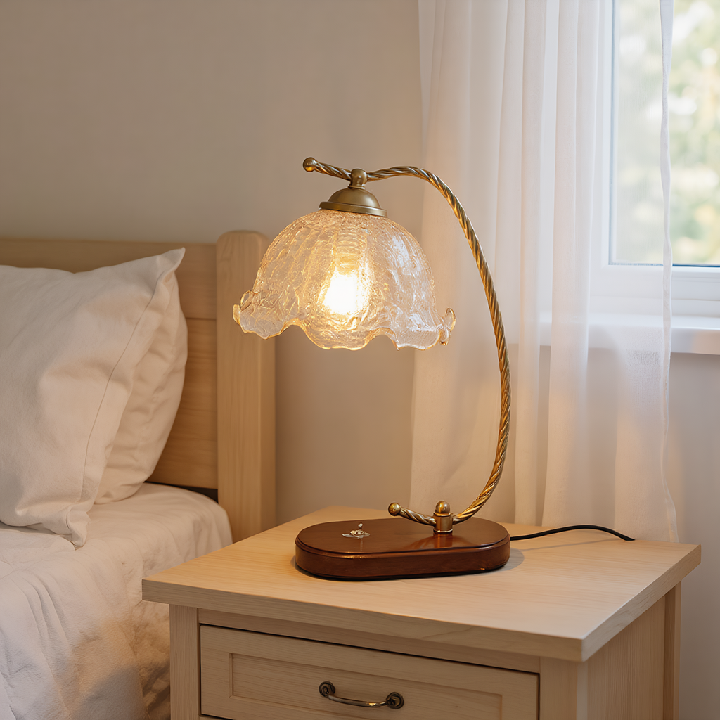 Vintage Brass Floral Gooseneck Table Lamp - adjustable arm with petal shade - Neovall