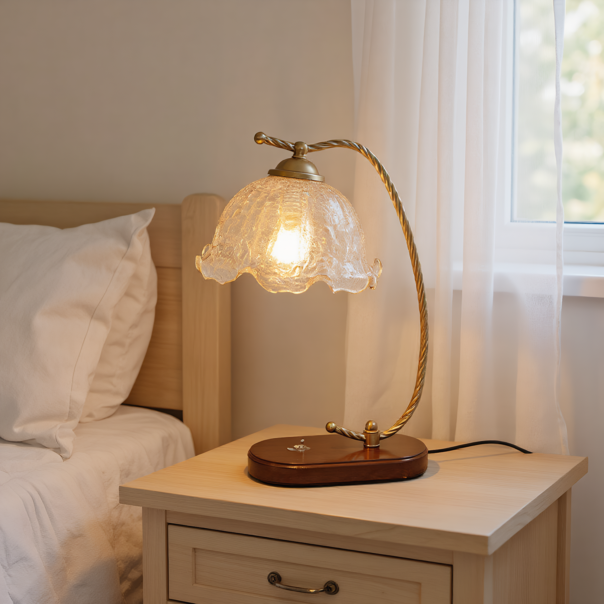 Vintage Brass Floral Gooseneck Table Lamp - adjustable arm with petal shade - Neovall