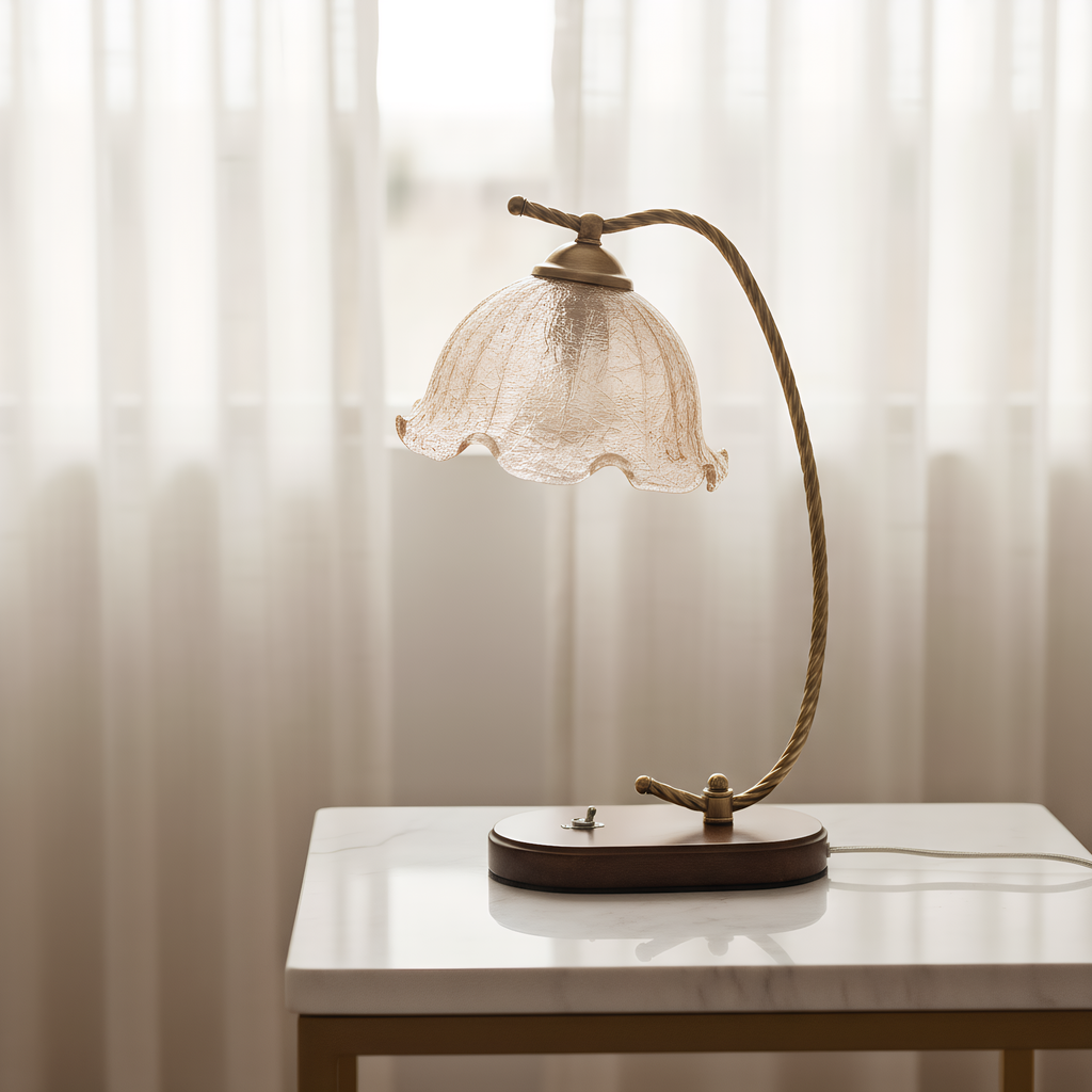 Floral gooseneck lamp in vintage study - warm task lighting