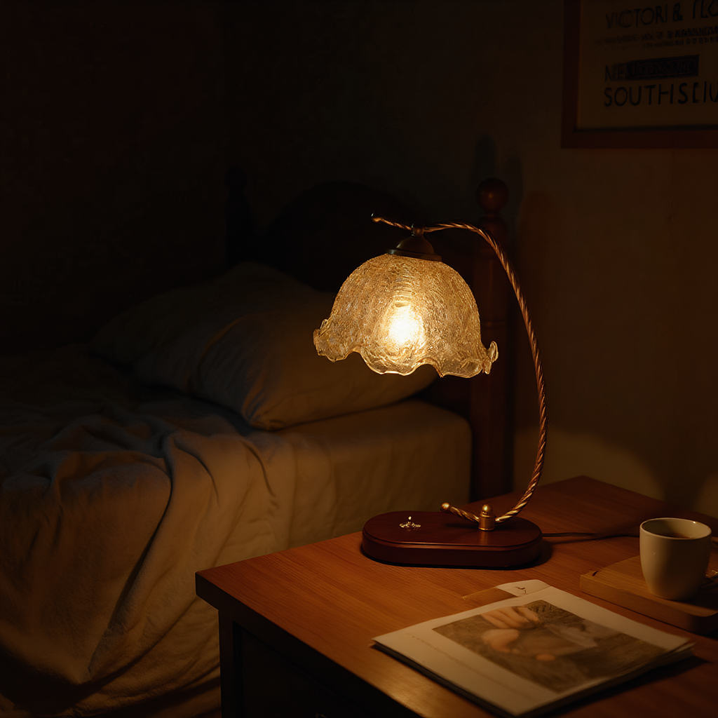 Vintage brass lamp on writing desk - classic library accent