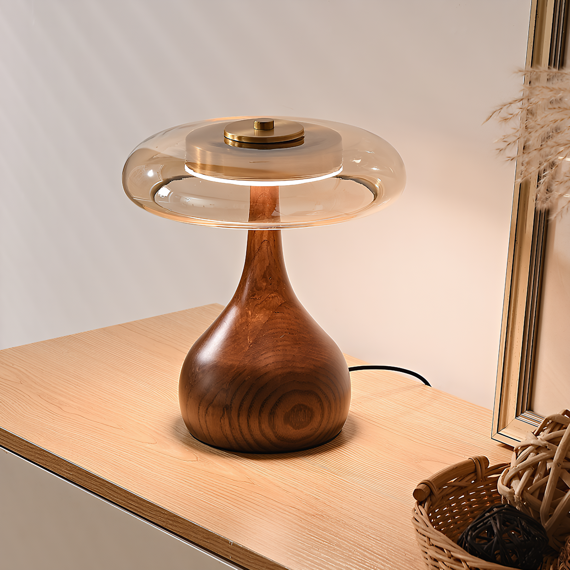 Japandi Walnut Amber Glass Mushroom Table Lamp side view highlighting hand-finished quality - Neovall premium lamp