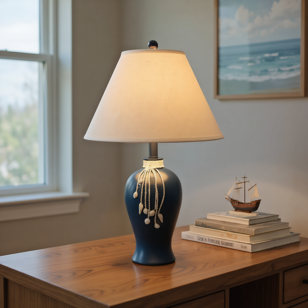 Mediterranean Navy Ceramic Pearl Tassel Table Lamp lifestyle photo styled in modern interior - Neovall designer lighting
