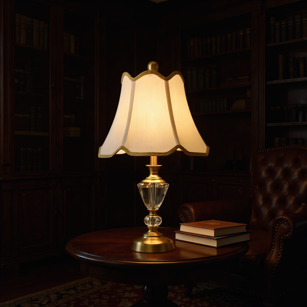 Vintage Scalloped Brass Crystal Table Lamp - ornate brass frame with crystal drops - Neovall