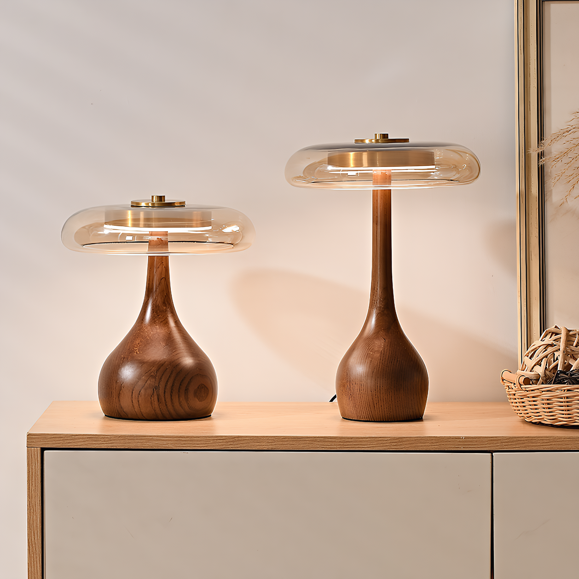 Japandi Walnut Amber Glass Mushroom Table Lamp lifestyle photo styled in modern interior - Neovall designer lighting