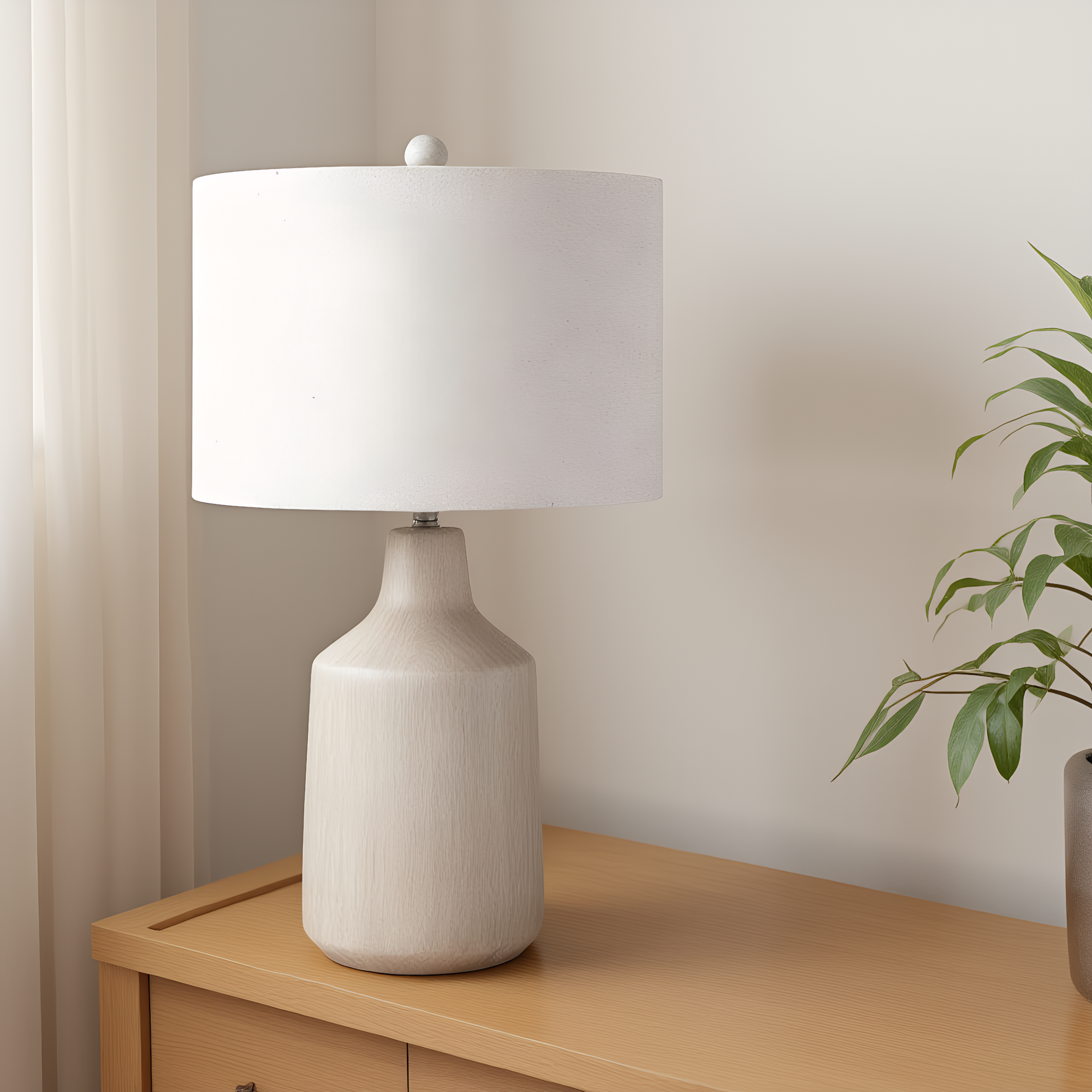Wabi-Sabi Concrete Linen Table Lamp lifestyle photo styled in modern interior - Neovall designer lighting