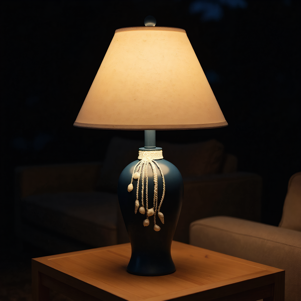 Mediterranean Navy Ceramic Pearl Tassel Table Lamp detail close-up showing premium materials and craftsmanship - Neovall