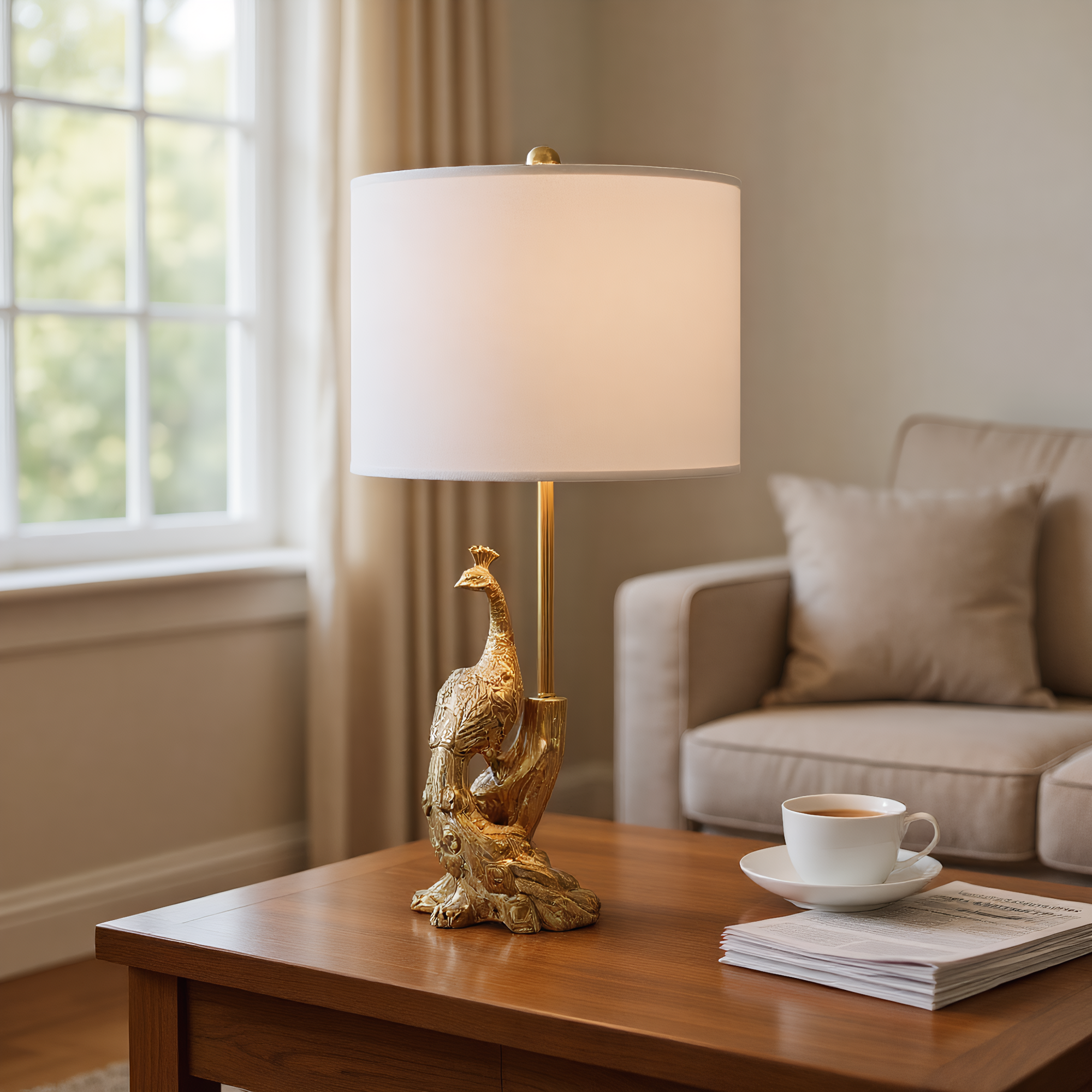 Brass Peacock Figurine Table Lamp