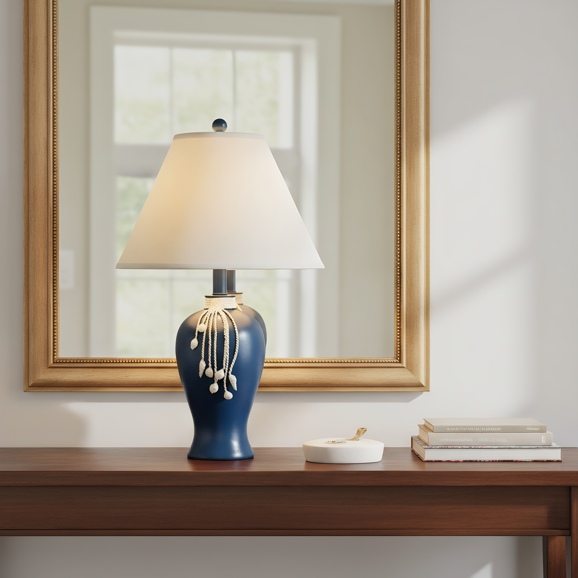 Mediterranean Navy Ceramic Pearl Tassel Table Lamp side view highlighting hand-finished quality - Neovall premium lamp