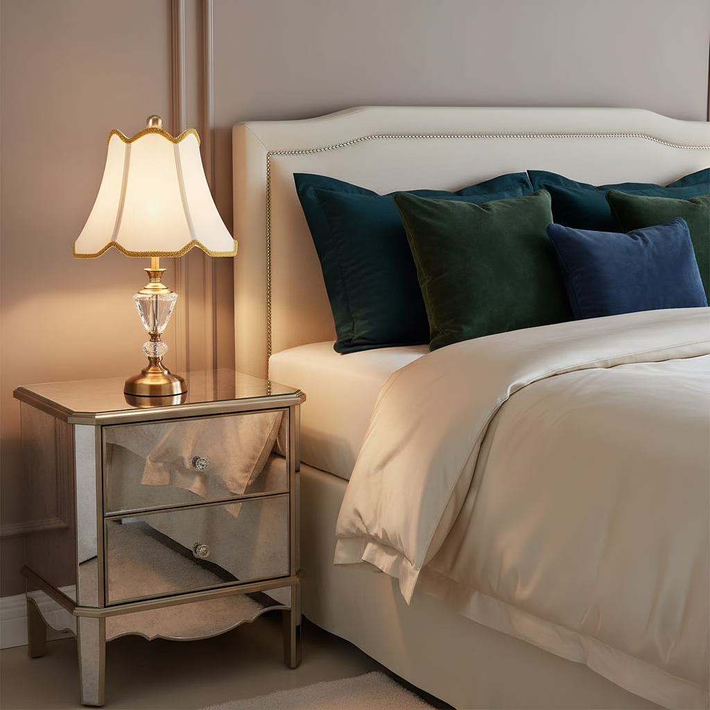 Vintage Scalloped Brass Crystal Table Lamp lifestyle photo styled in modern interior - Neovall designer lighting
