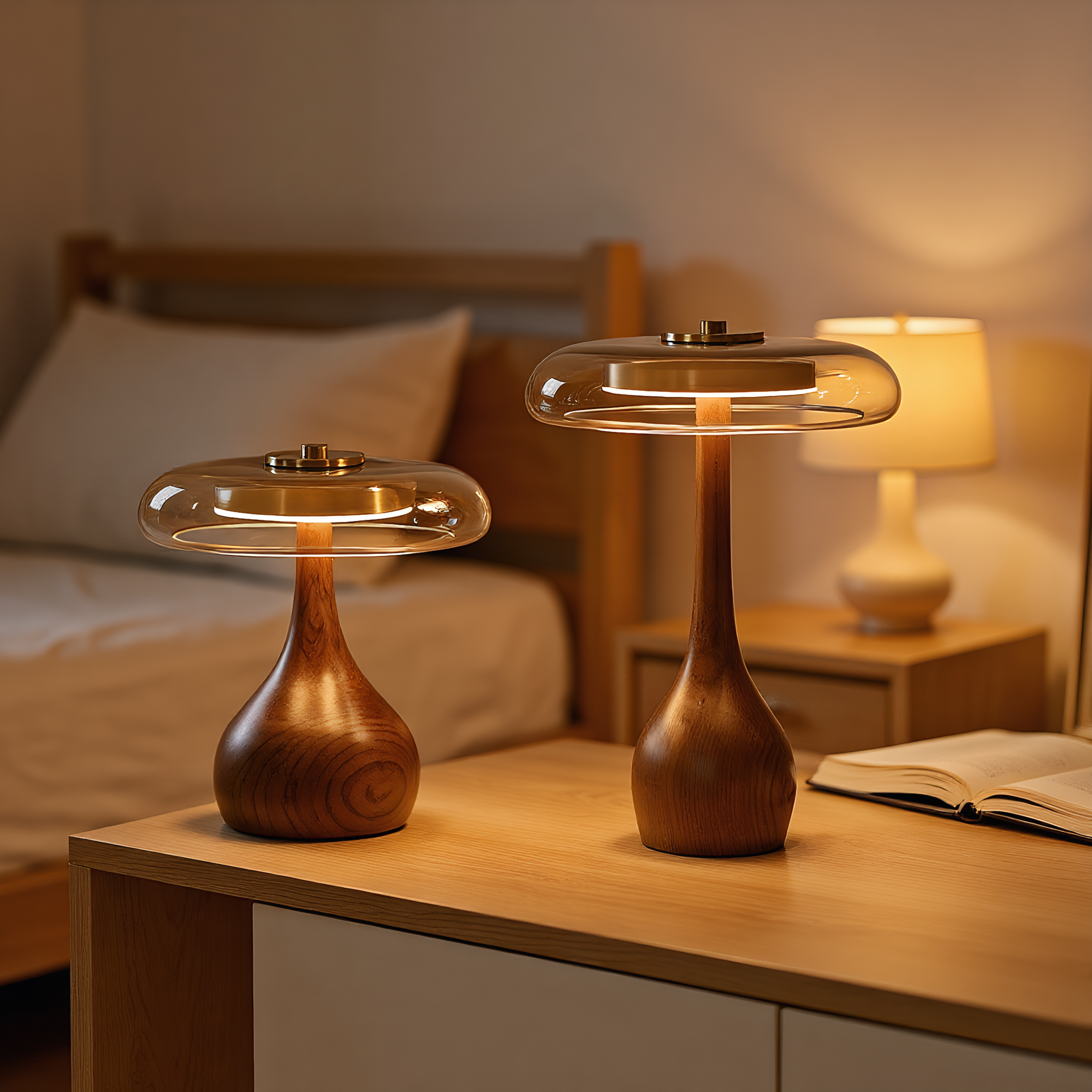 Japandi Walnut Amber Glass Mushroom Table Lamp top view showcasing shade design - Neovall premium lighting