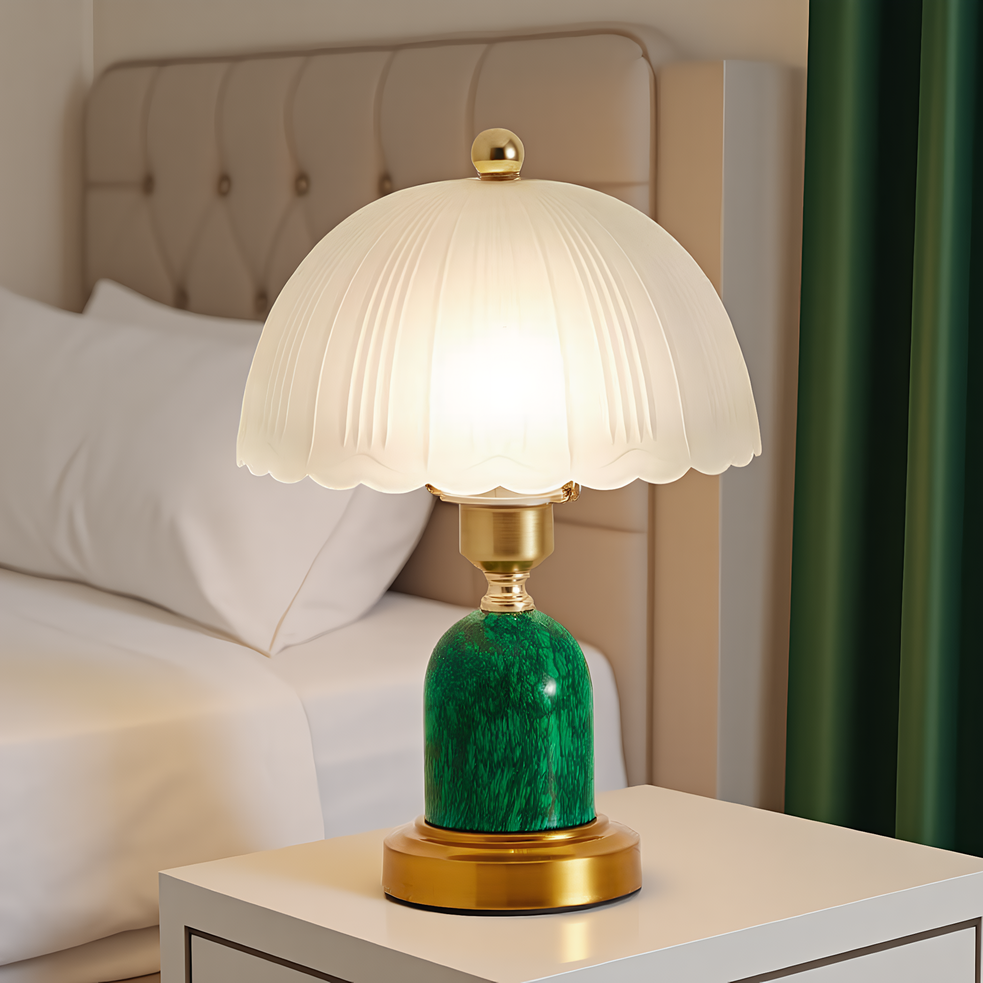 Malachite Pleated Dome Table Lamp - green glass mushroom shade with chrome base - Neovall