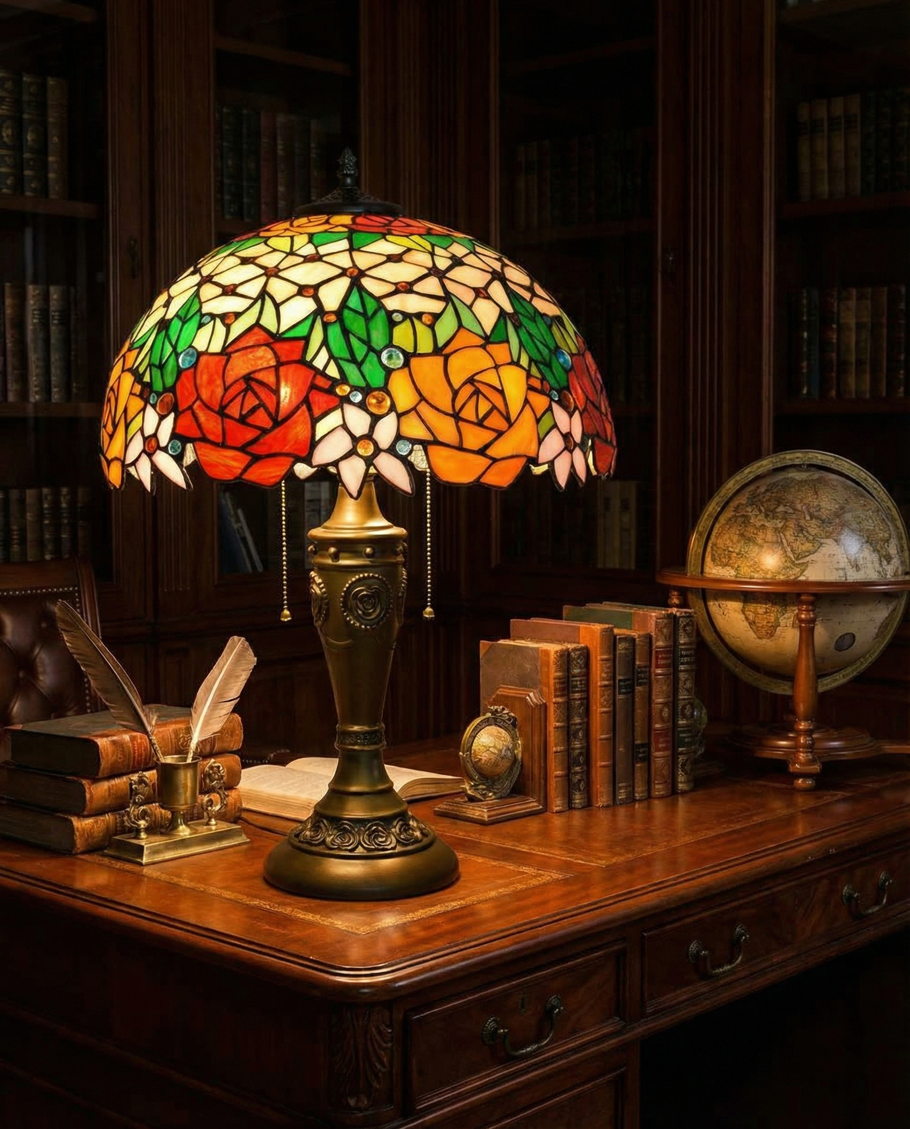 Tiffany Rose Stained Glass Table Lamp top view showcasing shade design - Neovall premium lighting