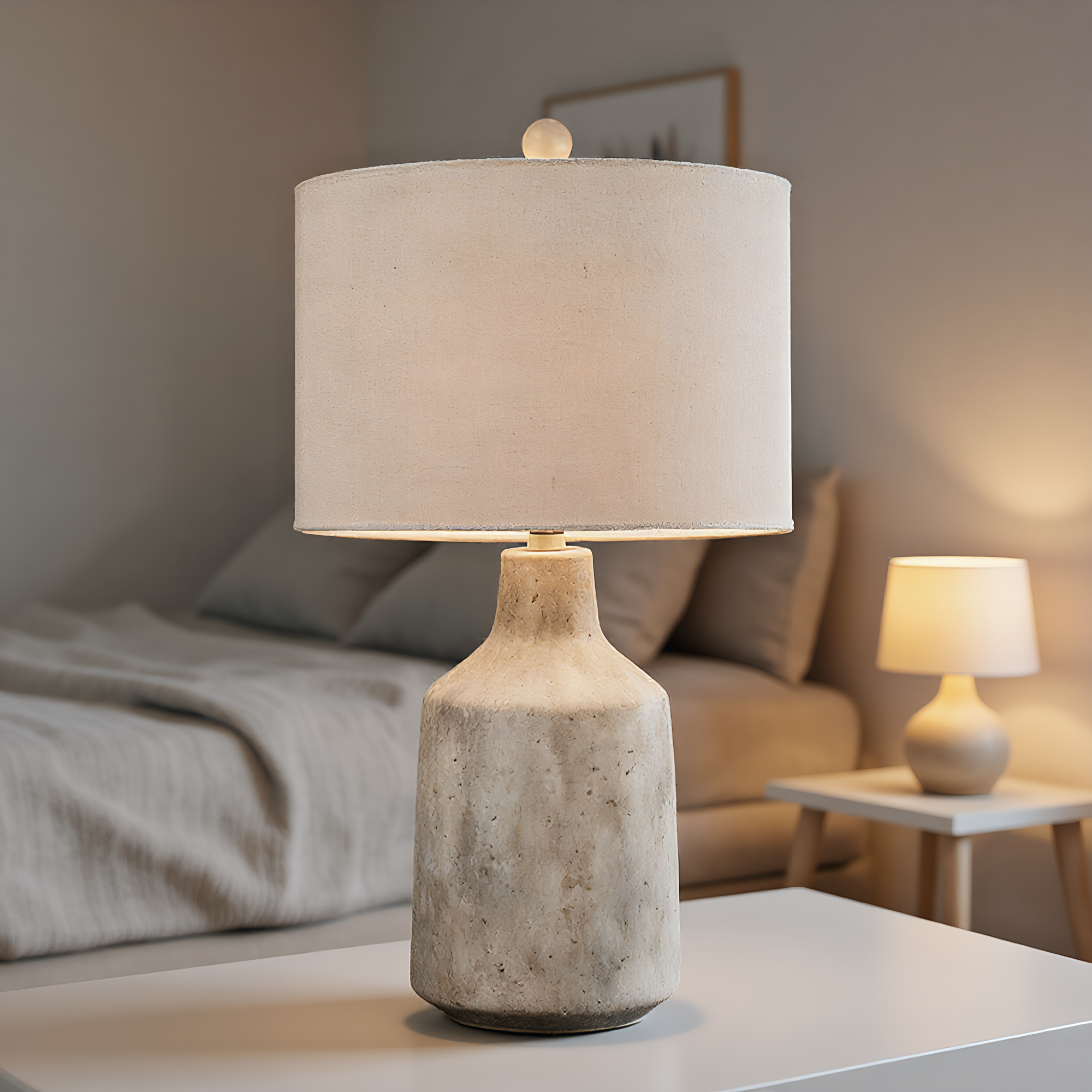 Wabi-Sabi Concrete Linen Table Lamp side view highlighting hand-finished quality - Neovall premium lamp