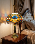 Tiffany Stained Glass Table Lamp - hand-cut colorful glass shade with bronze base - Neovall