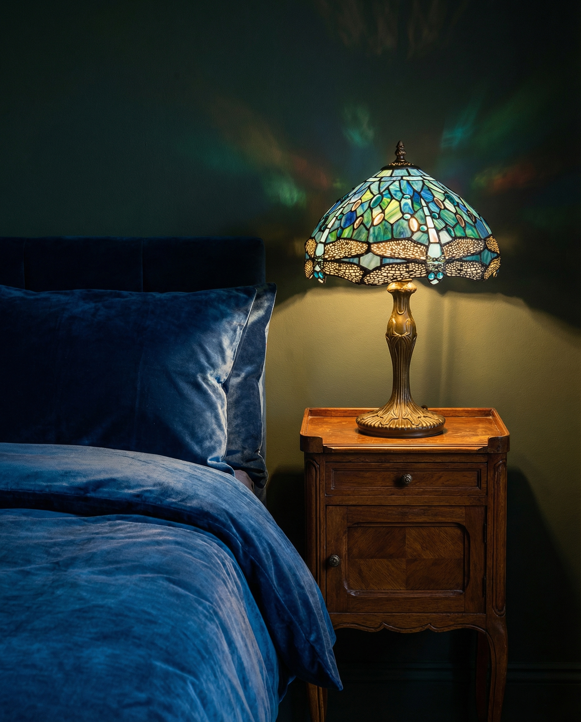 Tiffany Dragonfly Stained Glass Table Lamp base detail showing material finish - Neovall designer collection