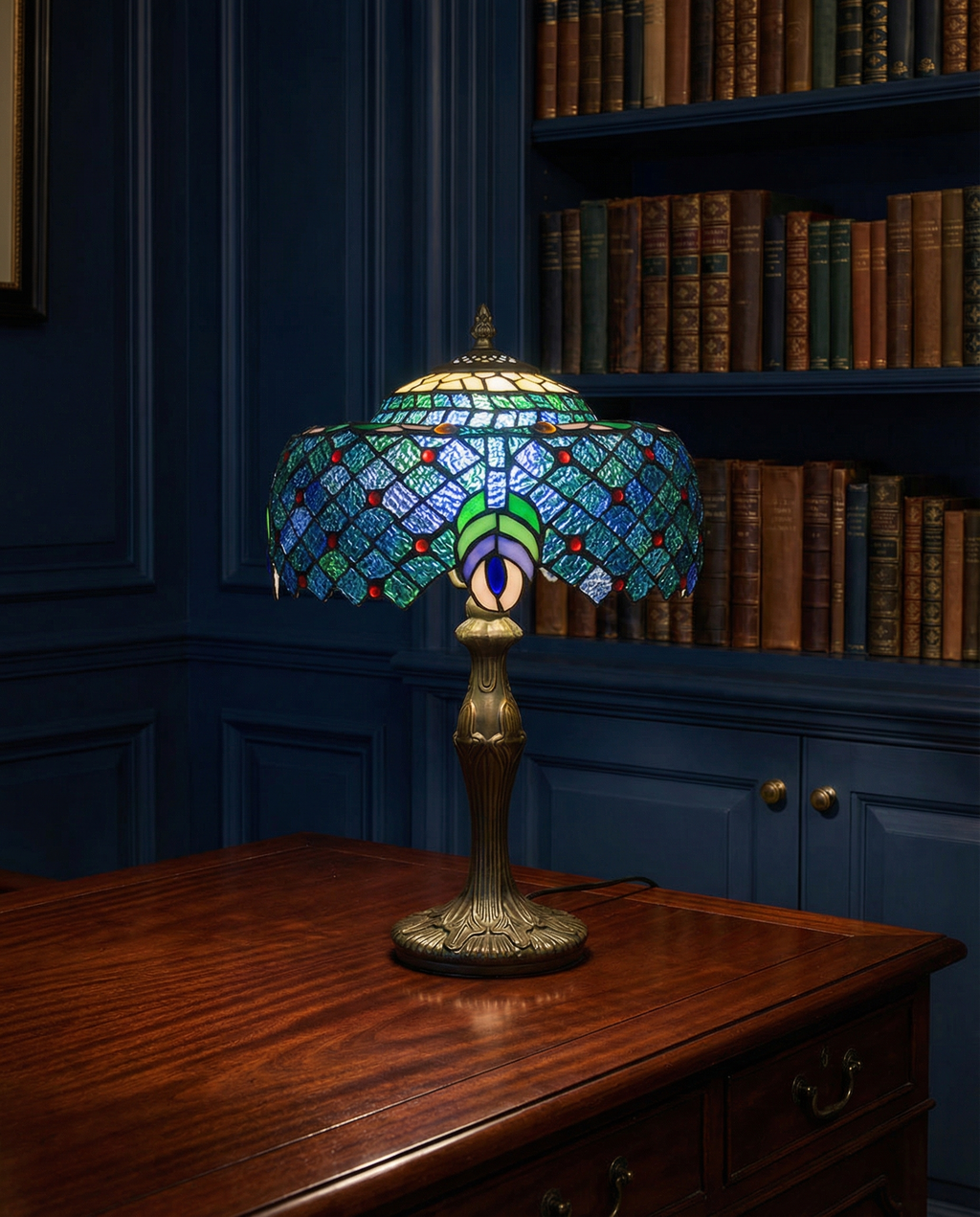 Tiffany Peacock Feather Stained Glass Table Lamp side view highlighting hand-finished quality - Neovall premium lamp