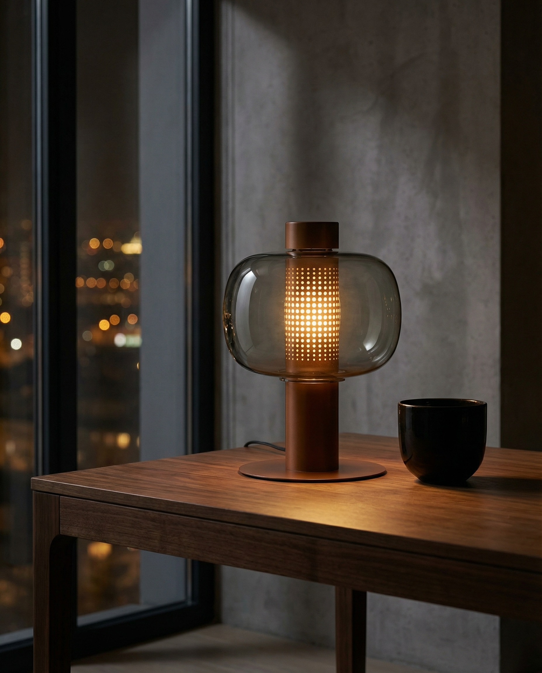 Postmodern Smoked Glass Perforated Table Lamp top view showcasing shade design - Neovall premium lighting