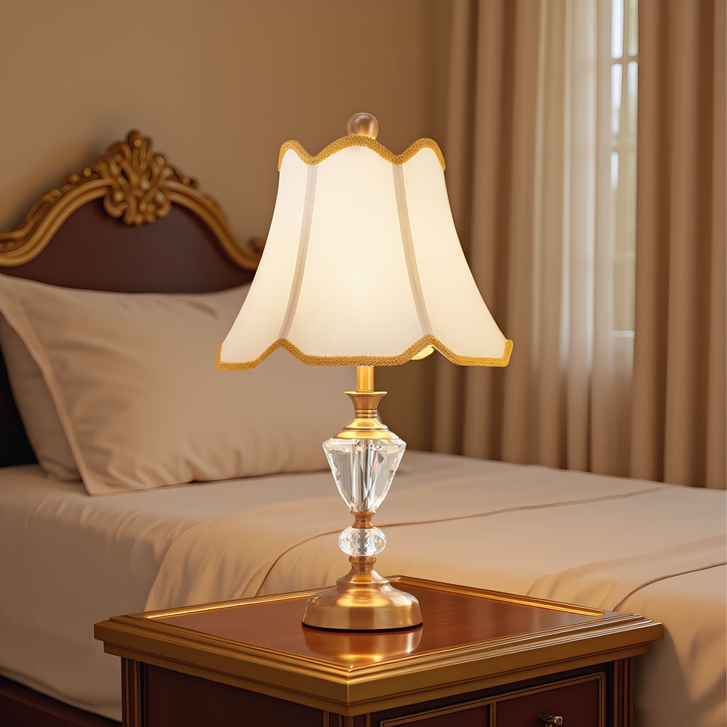 Scalloped brass lamp side view - Victorian crystal chandelier style