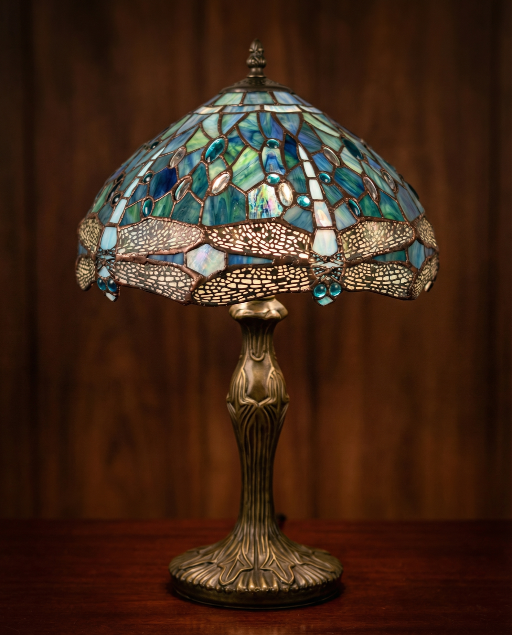 Tiffany Dragonfly Stained Glass Table Lamp lifestyle photo styled in modern interior - Neovall designer lighting