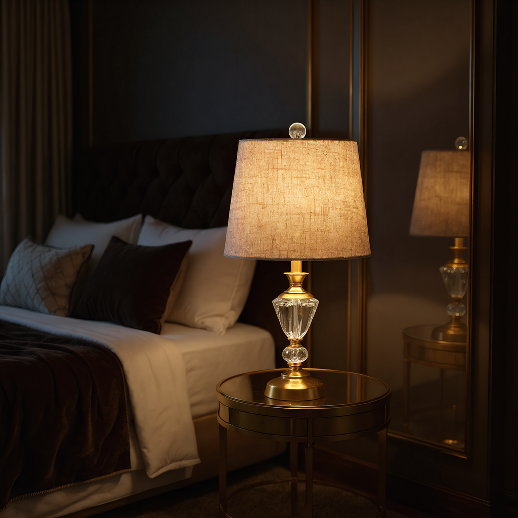 European Crystal Bronze Table Lamp - faceted crystal glass with antique bronze finish - Neovall