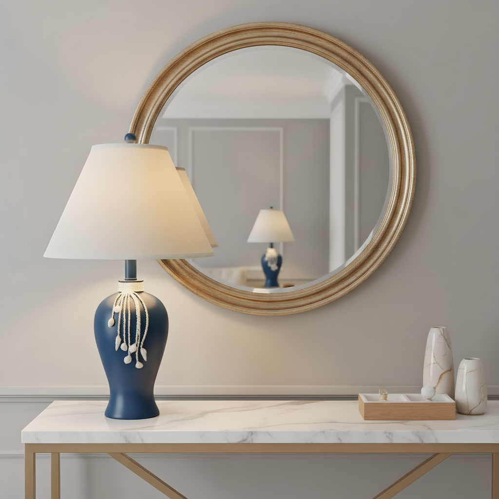 Mediterranean Navy Ceramic Pearl Tassel Table Lamp in use - warm ambient lighting for living spaces - Neovall