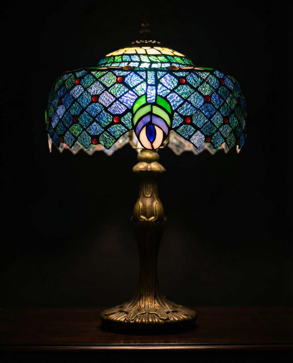 Tiffany Peacock Feather Stained Glass Table Lamp in use - warm ambient lighting for living spaces - Neovall