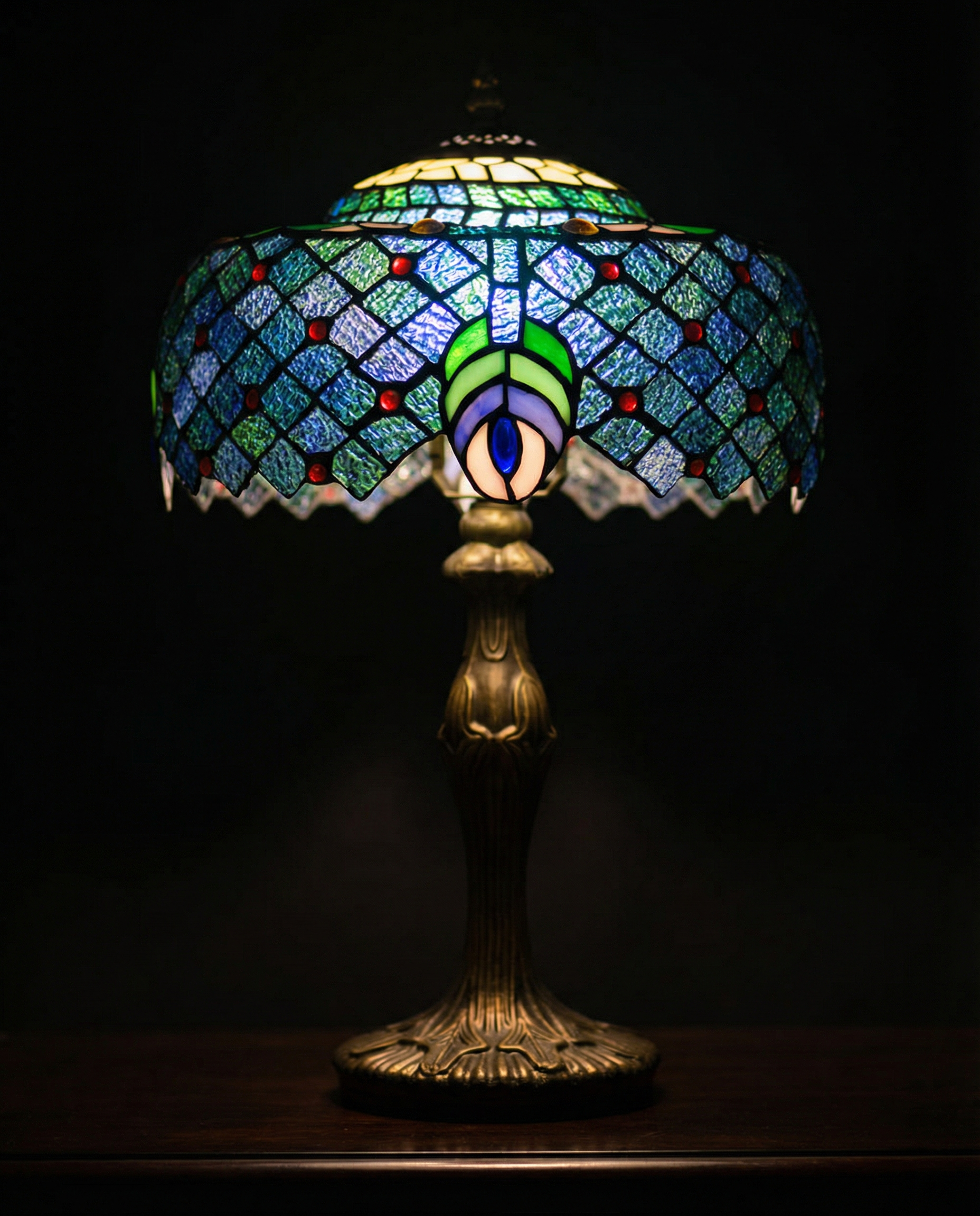 Tiffany Peacock Feather Stained Glass Table Lamp in use - warm ambient lighting for living spaces - Neovall