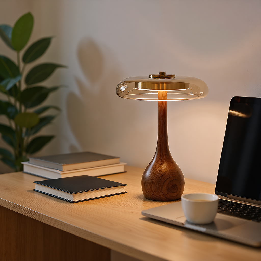 Japandi Walnut Amber Glass Mushroom Table Lamp base detail showing material finish - Neovall designer collection