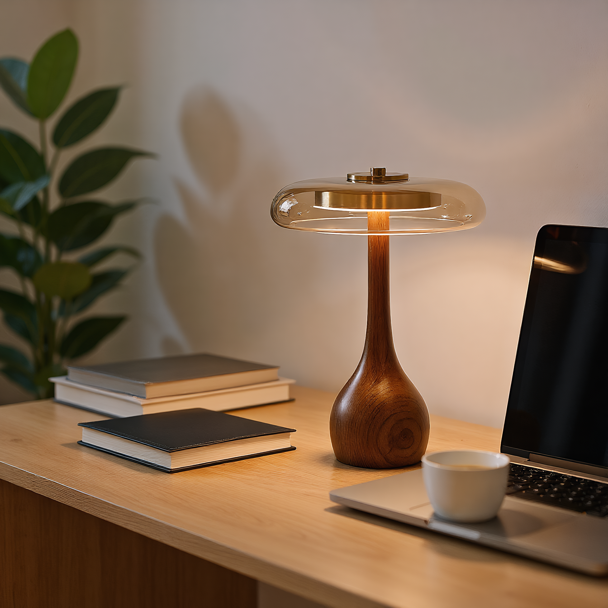 Japandi Walnut Amber Glass Mushroom Table Lamp base detail showing material finish - Neovall designer collection