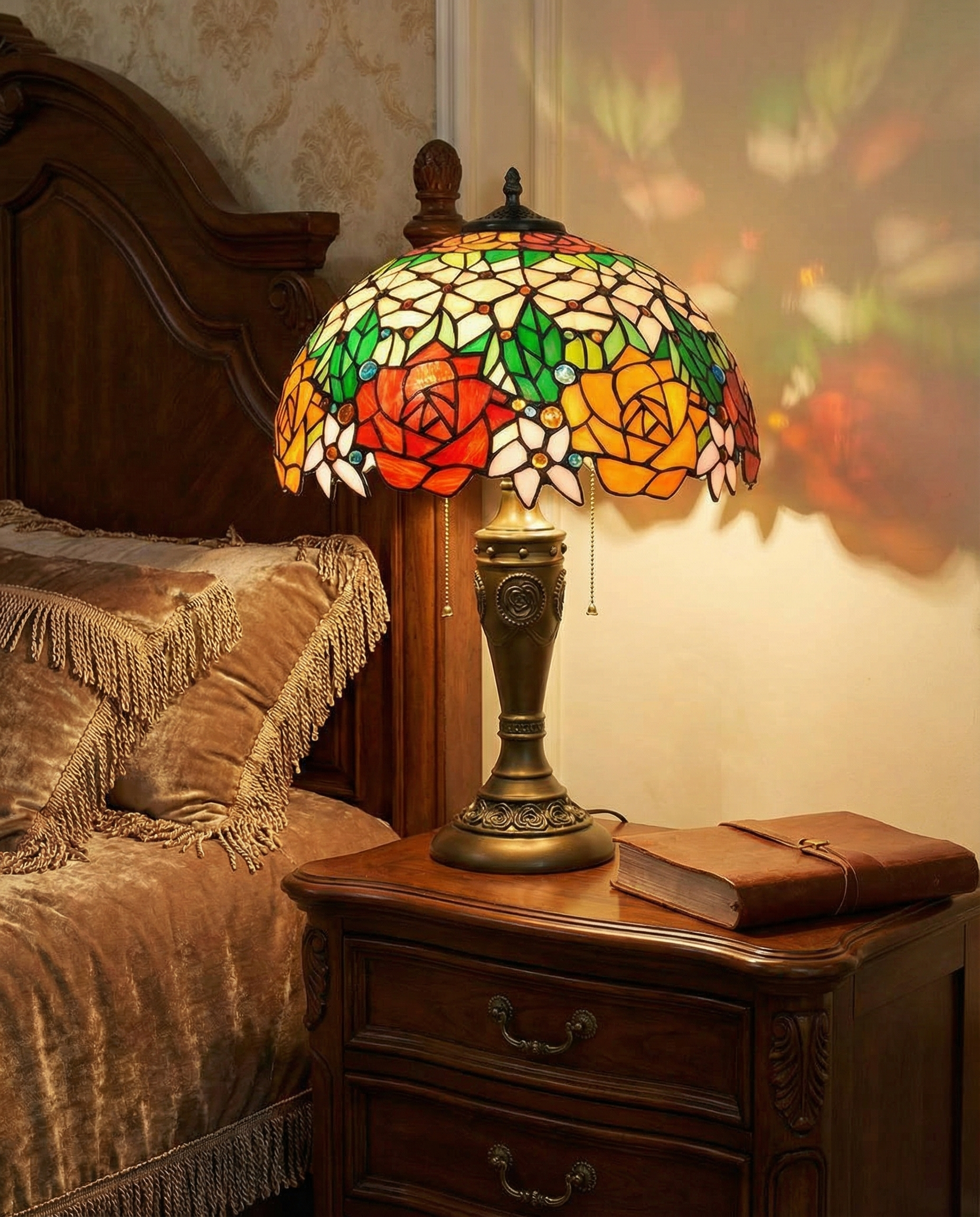 Tiffany Rose Stained Glass Table Lamp in use - warm ambient lighting for living spaces - Neovall