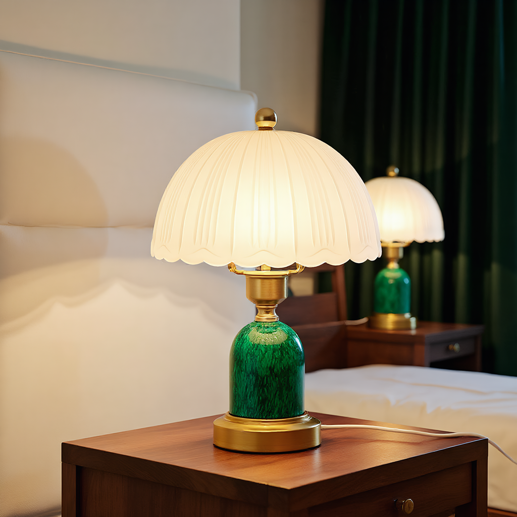 Green glass lamp side profile - sculptural mushroom silhouette