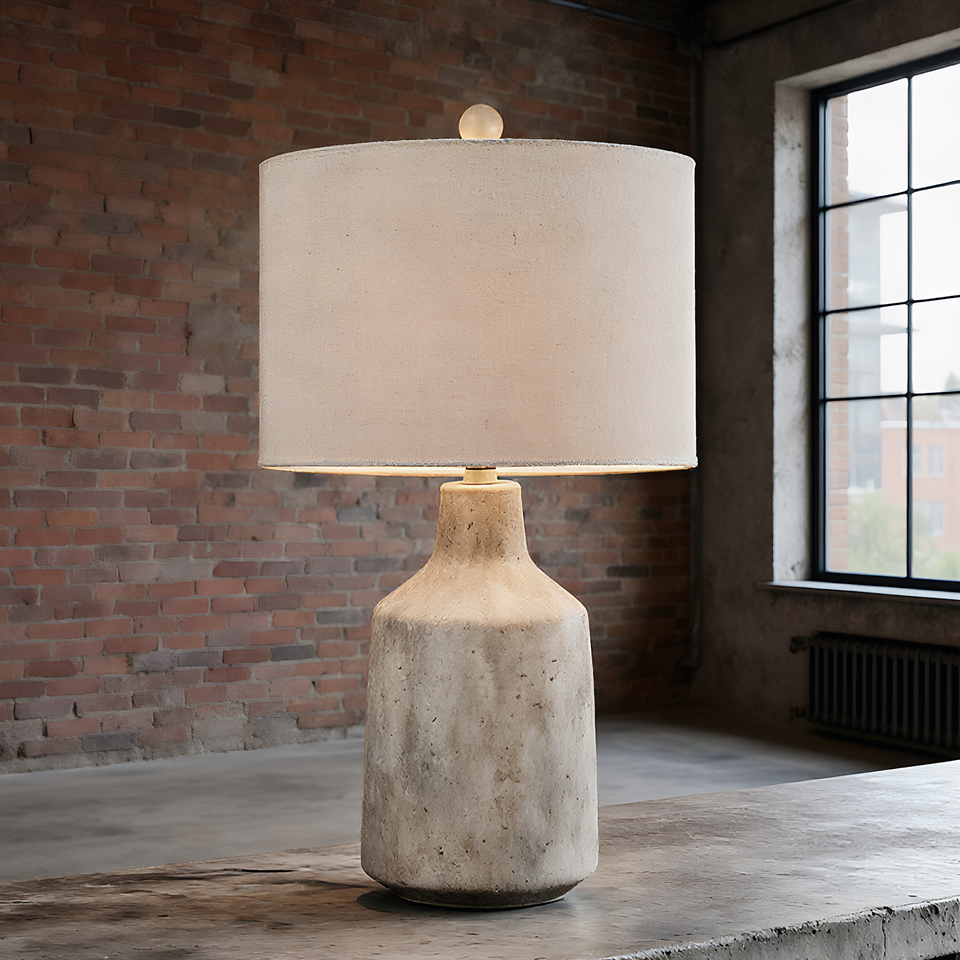 Wabi-sabi concrete lamp front view - natural linen drum shade detail