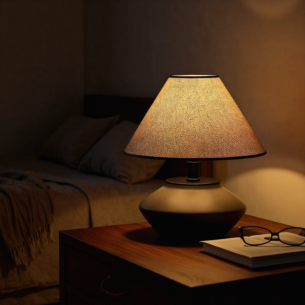 Minimalist Linen Shade Table Lamp - natural linen drum shade with wood base - Neovall