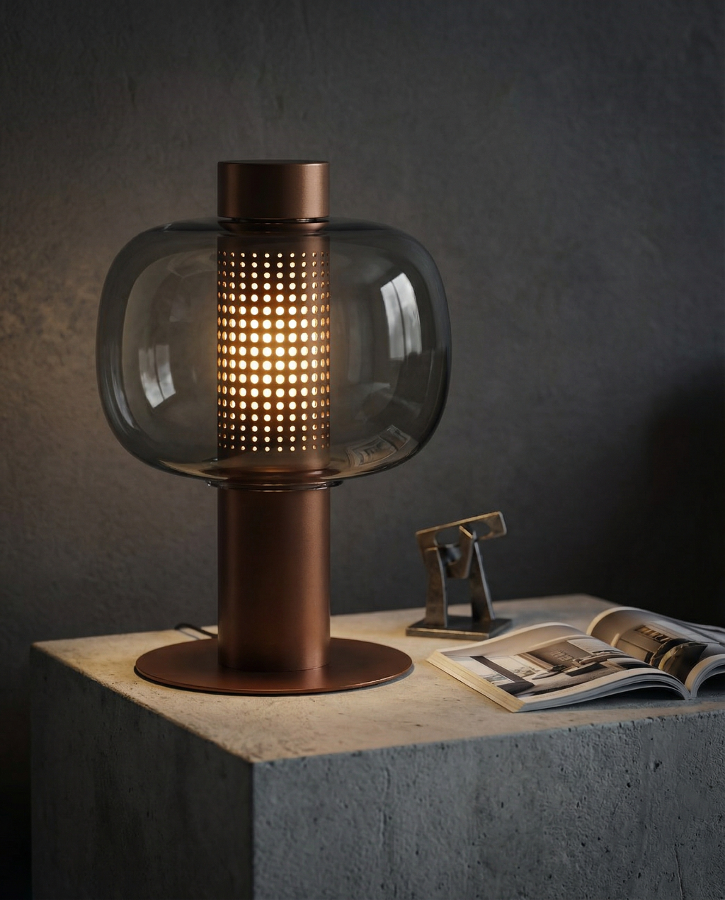 Postmodern Smoked Glass Perforated Table Lamp lifestyle photo styled in modern interior - Neovall designer lighting