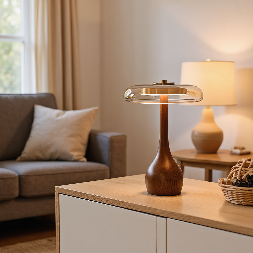 Japandi Walnut Amber Glass Mushroom Table Lamp packaging and product card - Neovall ready to gift