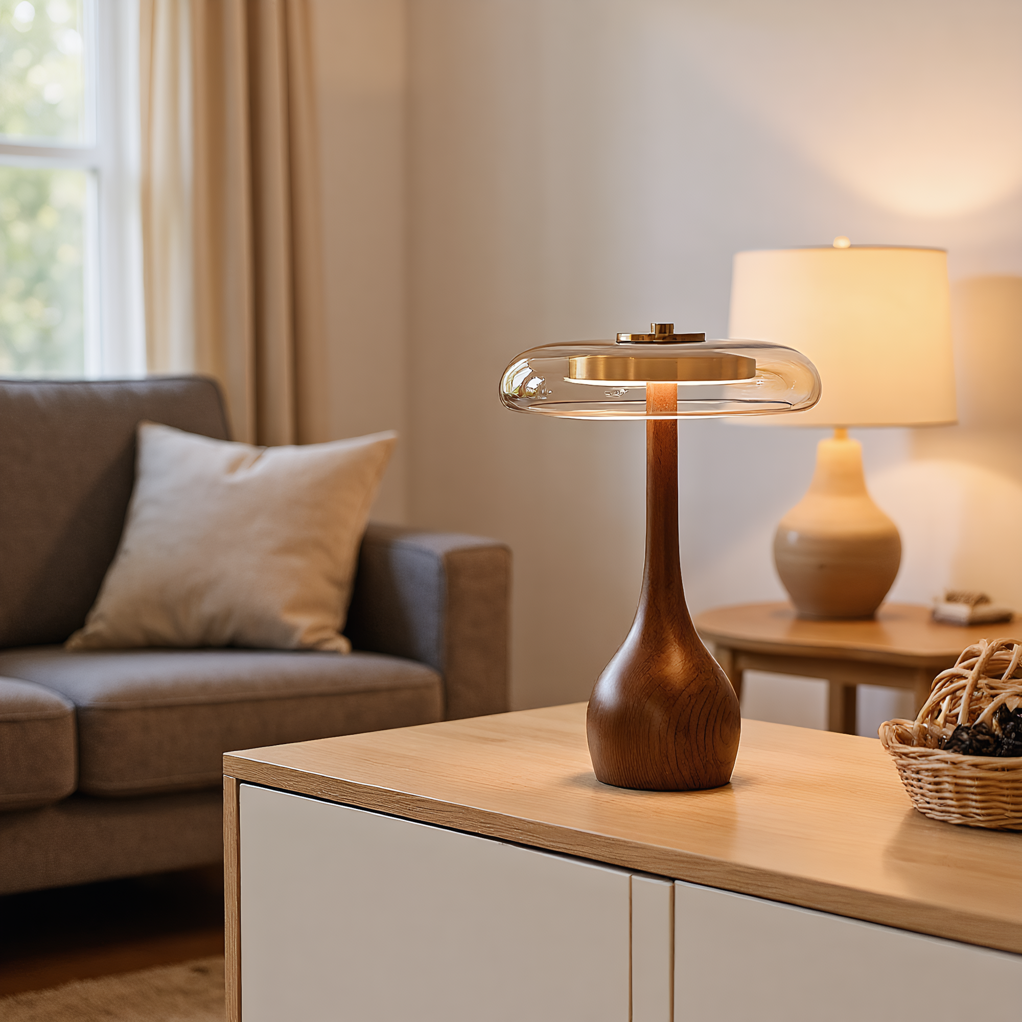 Japandi Walnut Amber Glass Mushroom Table Lamp packaging and product card - Neovall ready to gift