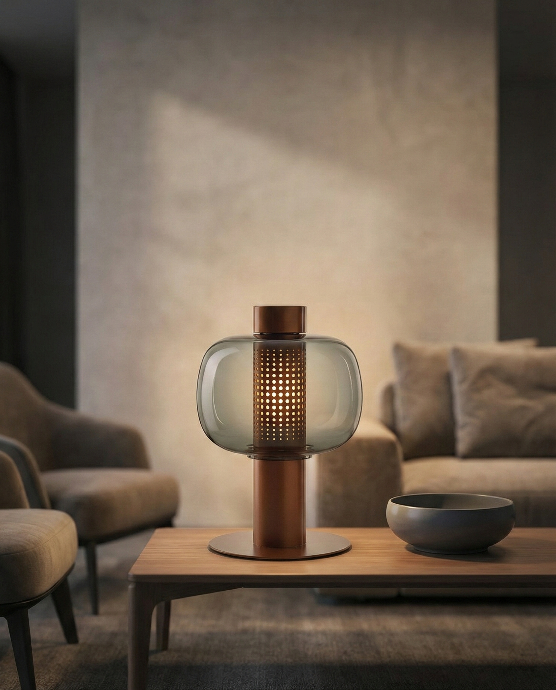 Postmodern Smoked Glass Perforated Table Lamp base detail showing material finish - Neovall designer collection