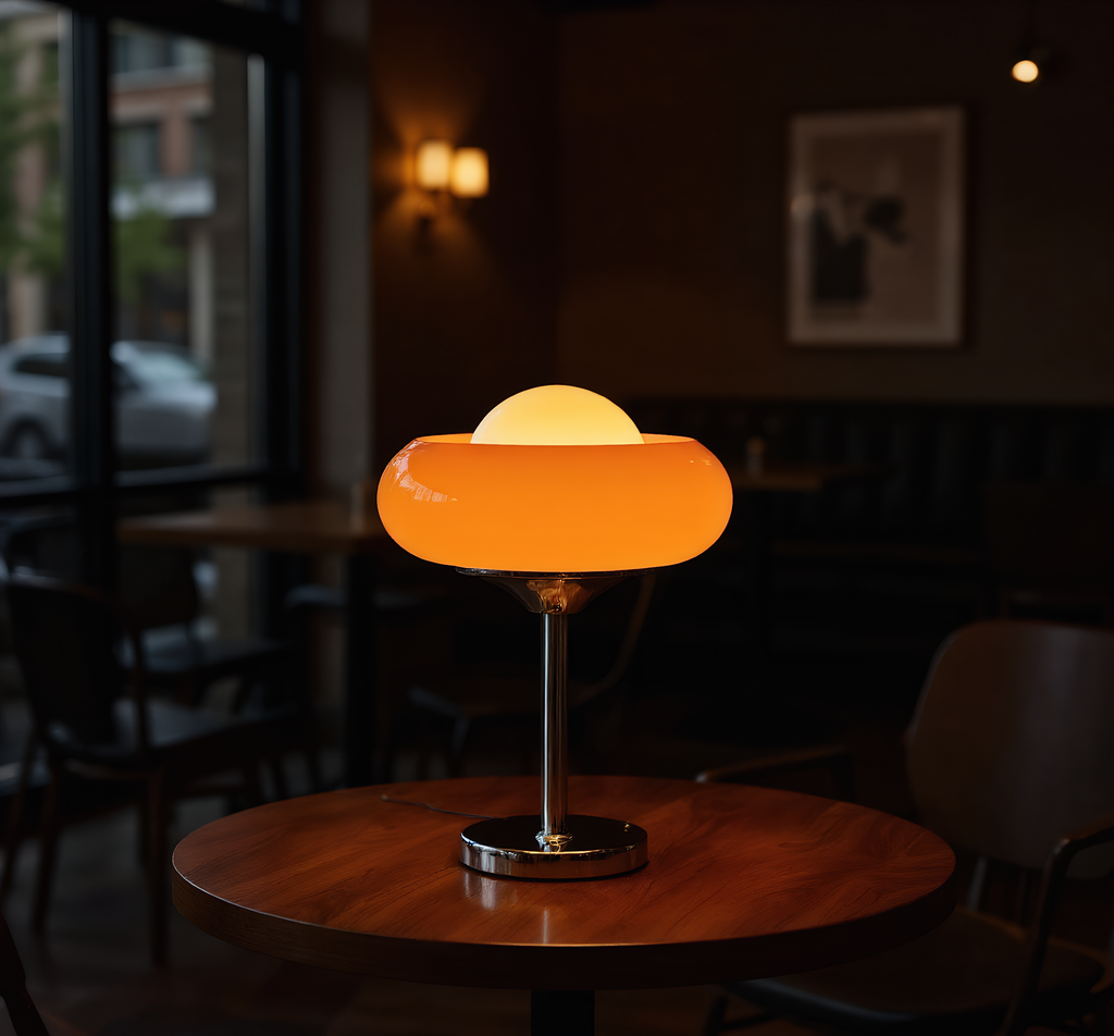 Bauhaus table lamp amber glass shade close-up - warm golden glow