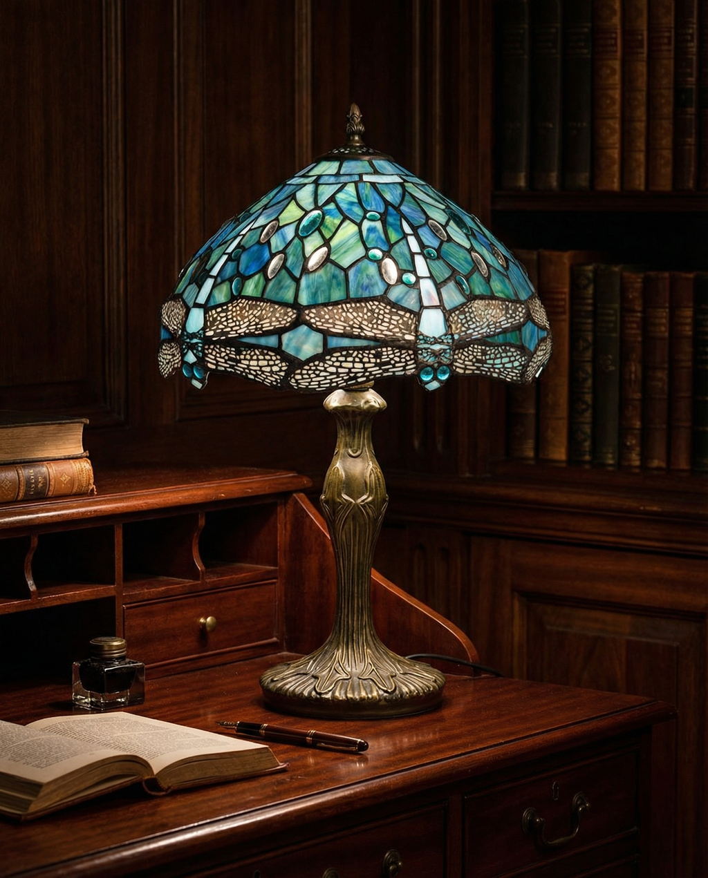 Tiffany Dragonfly Stained Glass Table Lamp detail close-up showing premium materials and craftsmanship - Neovall