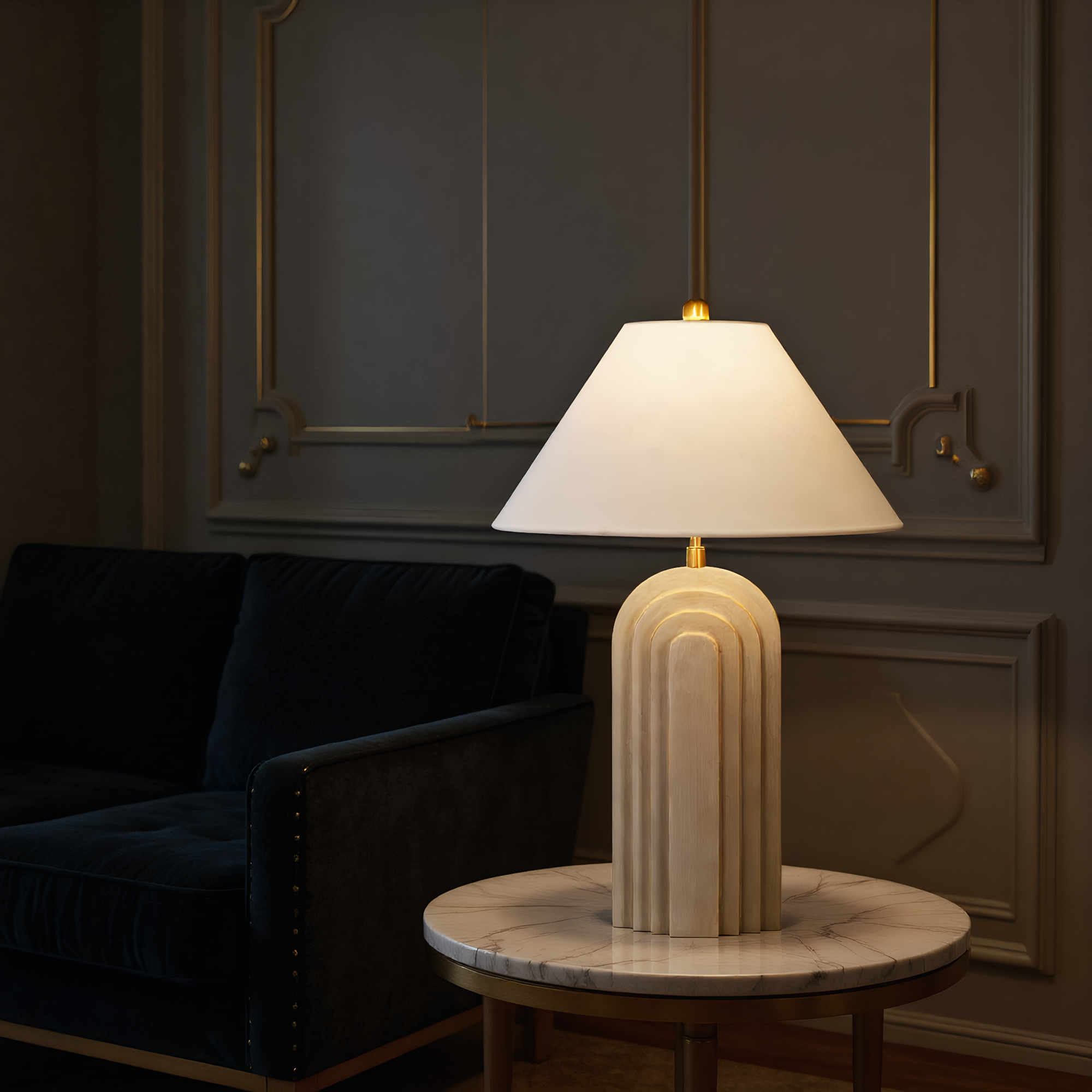 Arch lamp on console table - statement lighting piece