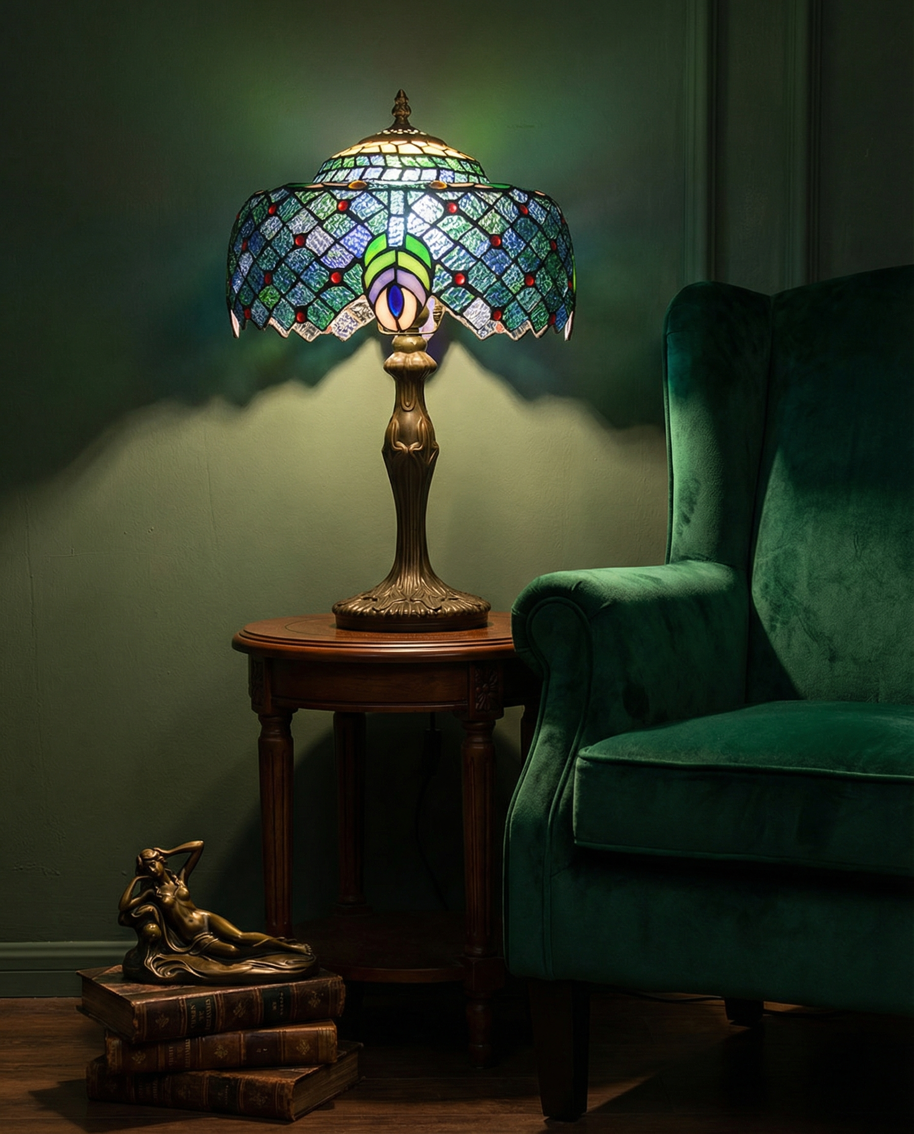 Tiffany Peacock Feather Stained Glass Table Lamp alternative angle product photo - Neovall designer table lamp