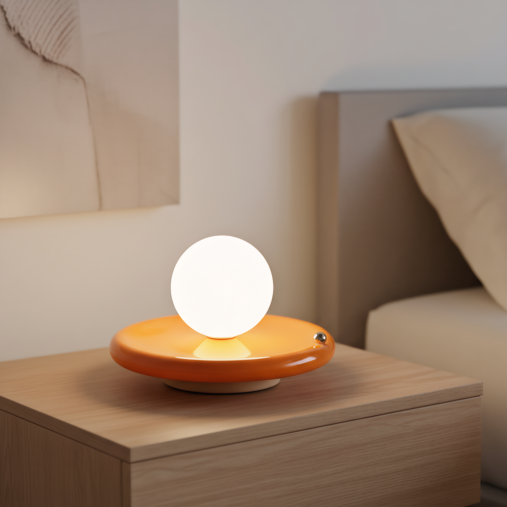 Minimalist orb lamp on nightstand - warm bedside glow