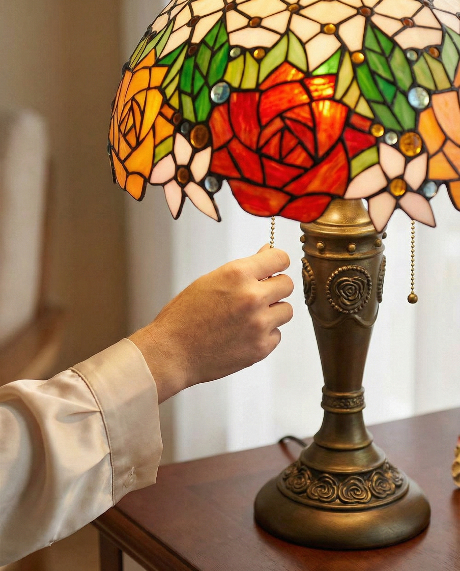 Tiffany Rose Stained Glass Table Lamp detail close-up showing premium materials and craftsmanship - Neovall