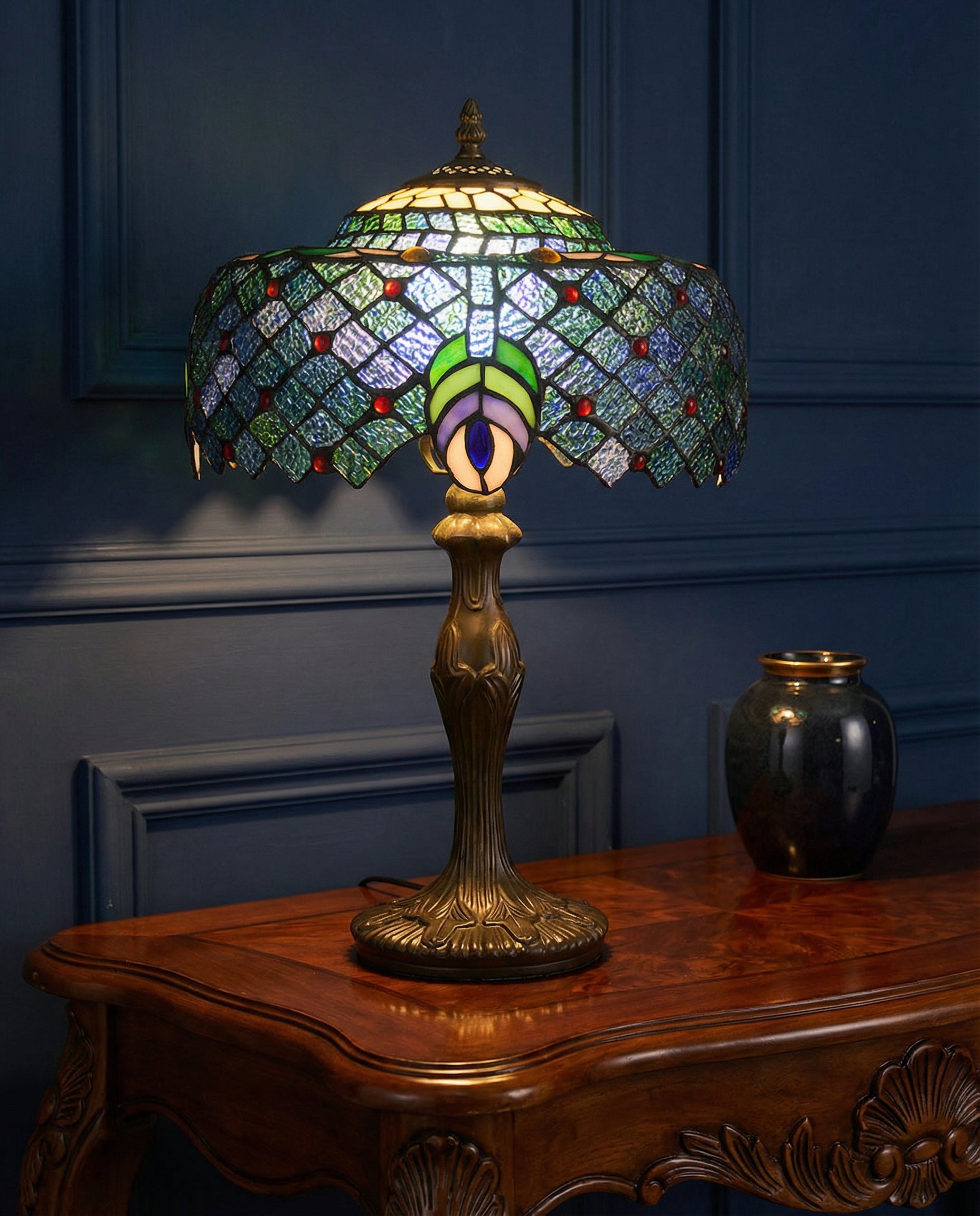 Tiffany Peacock Feather Stained Glass Table Lamp top view showcasing shade design - Neovall premium lighting