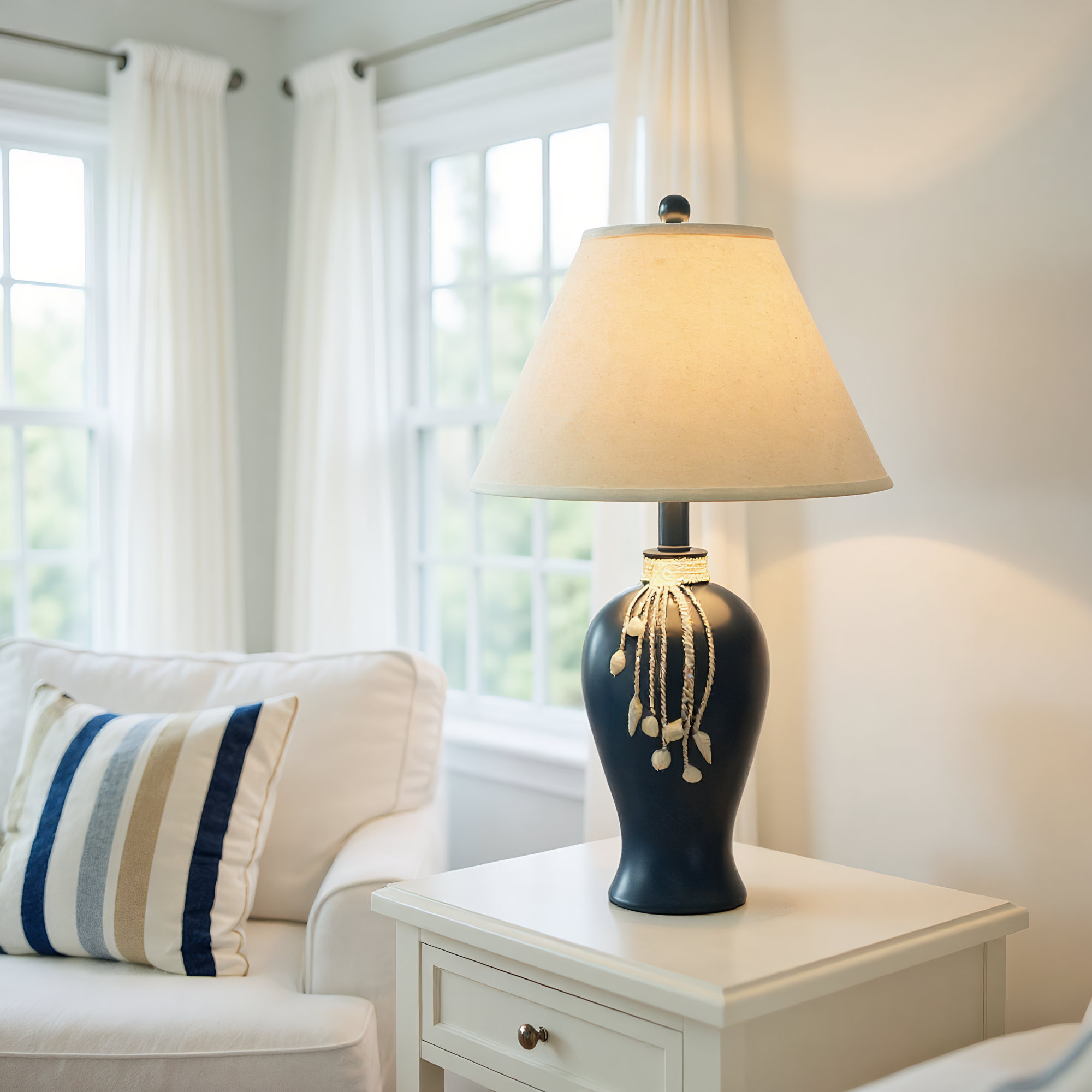 Mediterranean Navy Ceramic Pearl Tassel Table Lamp top view showcasing shade design - Neovall premium lighting