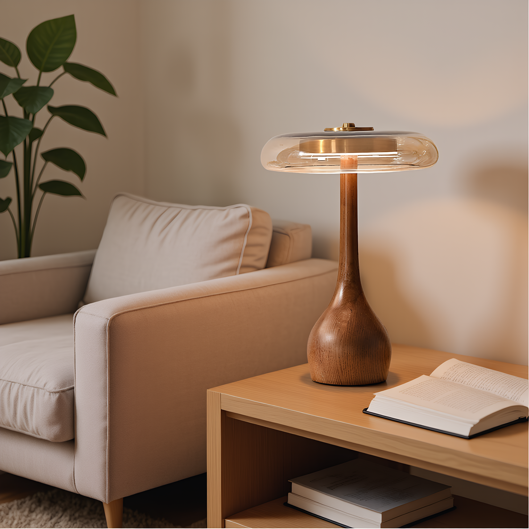 Japandi Walnut Amber Glass Mushroom Table Lamp switch and cable detail - Neovall functional design