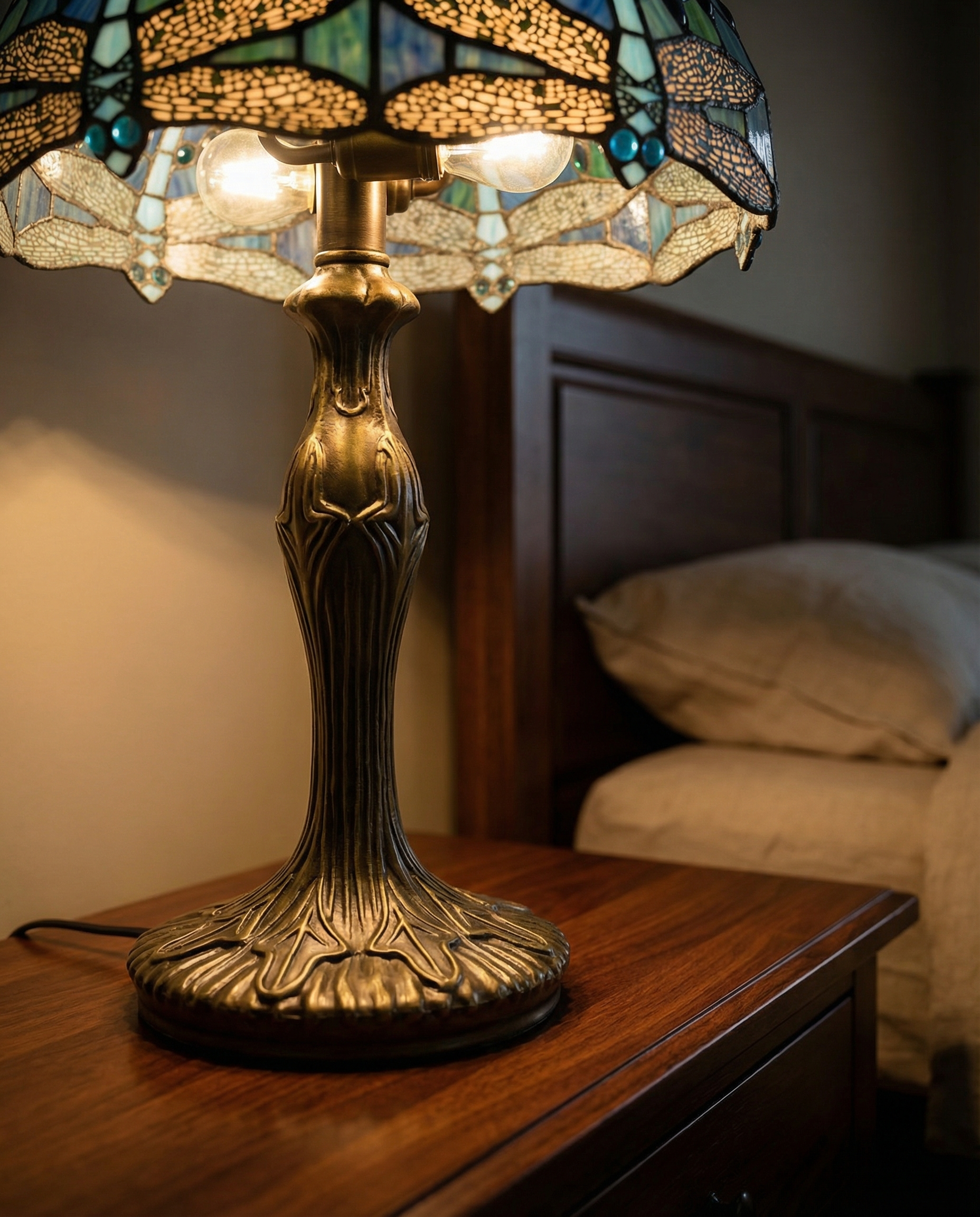 Tiffany Dragonfly Stained Glass Table Lamp side view highlighting hand-finished quality - Neovall premium lamp