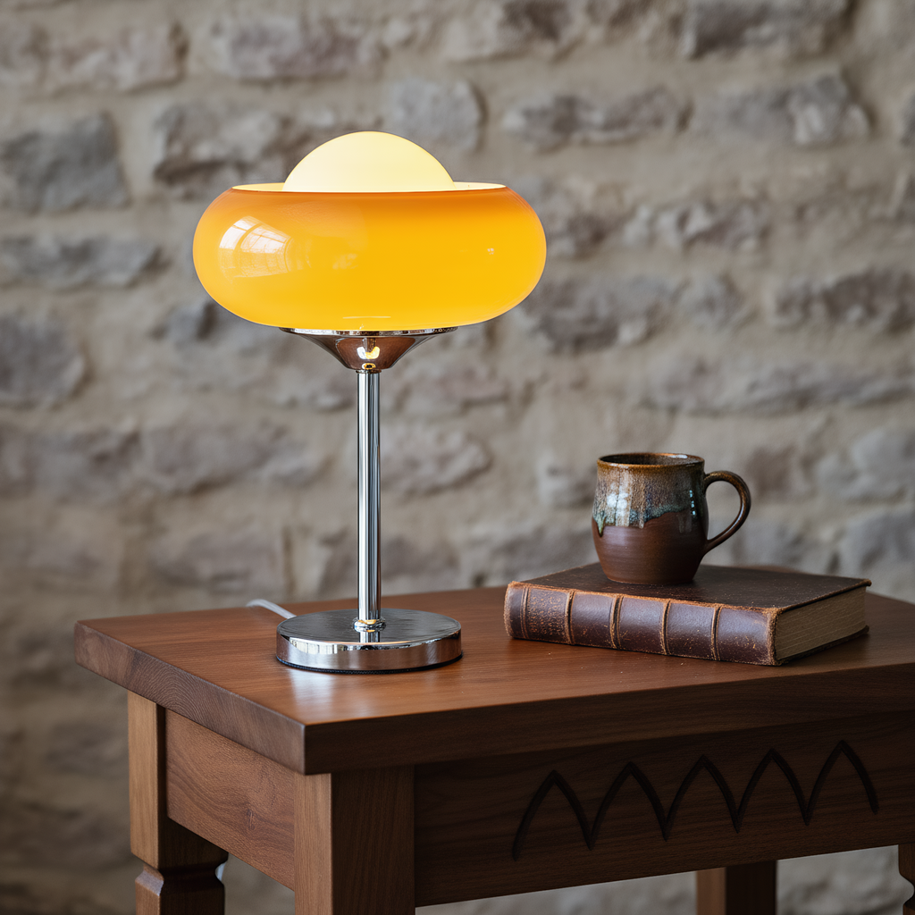 Yellow table lamp on a wooden table with a stone wall background