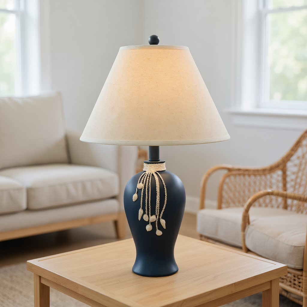 Mediterranean Navy Ceramic Pearl Tassel Table Lamp base detail showing material finish - Neovall designer collection