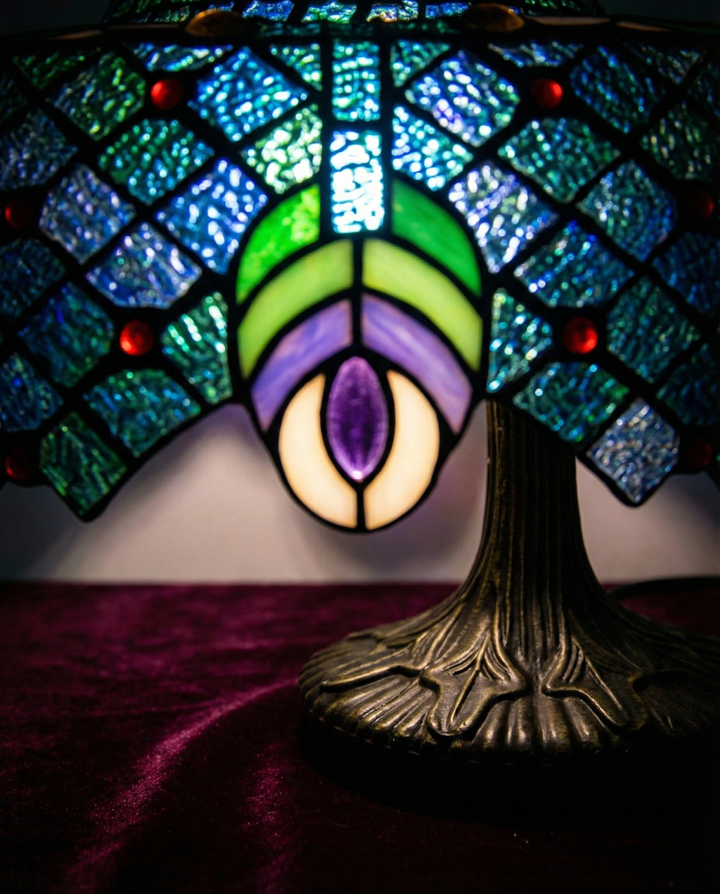 Tiffany Peacock Feather Stained Glass Table Lamp base detail showing material finish - Neovall designer collection